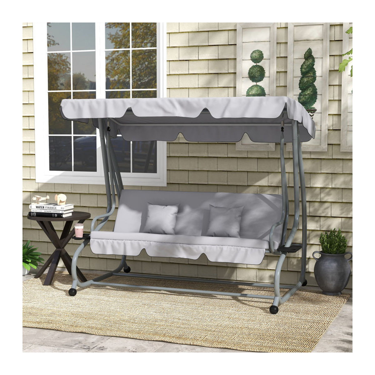 Outsunny Hollywoodschaukel 3-Sitzer Grau mit Liegefunktion, verstellbarem Dach und klappbarem Beistelltisch, B/H/L: 120 x 164 x 200 cm - Bild 5