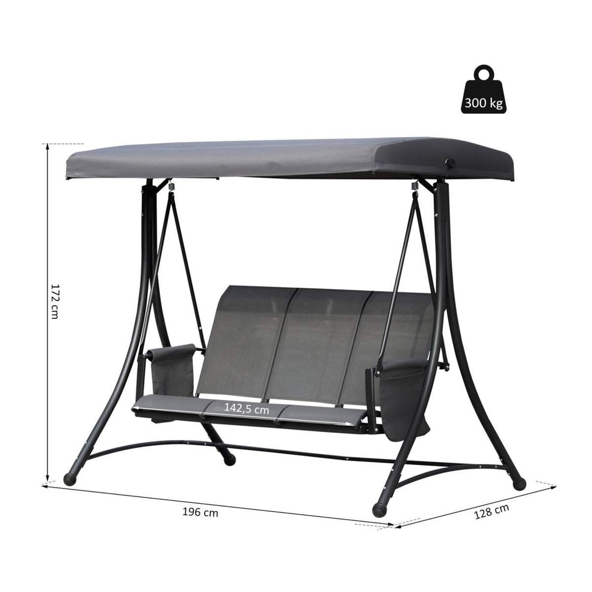 Outsunny Hollywoodschaukel 3-Sitzer in Anthrazit mit Auflagen aus Metall B/H/T: 196 x 172 x 128 cm - Bild 2