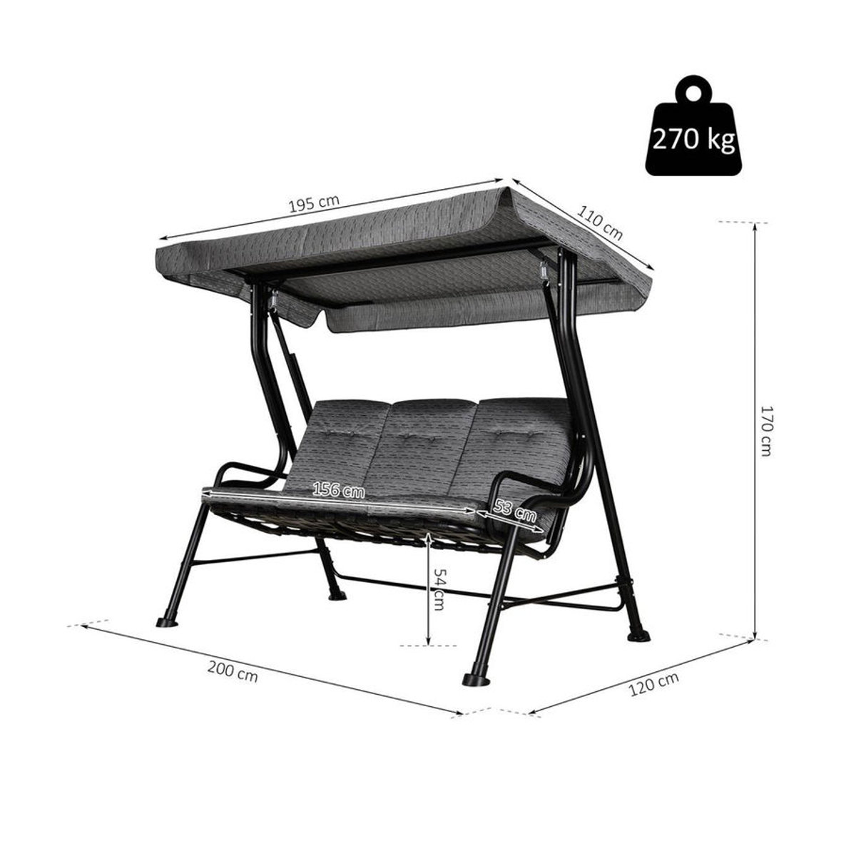 Outsunny Hollywoodschaukel 3-Sitzer in Schwarz und Grau mit Auflagen, B/H/T: 200 x 170 x 120 cm - Bild 2