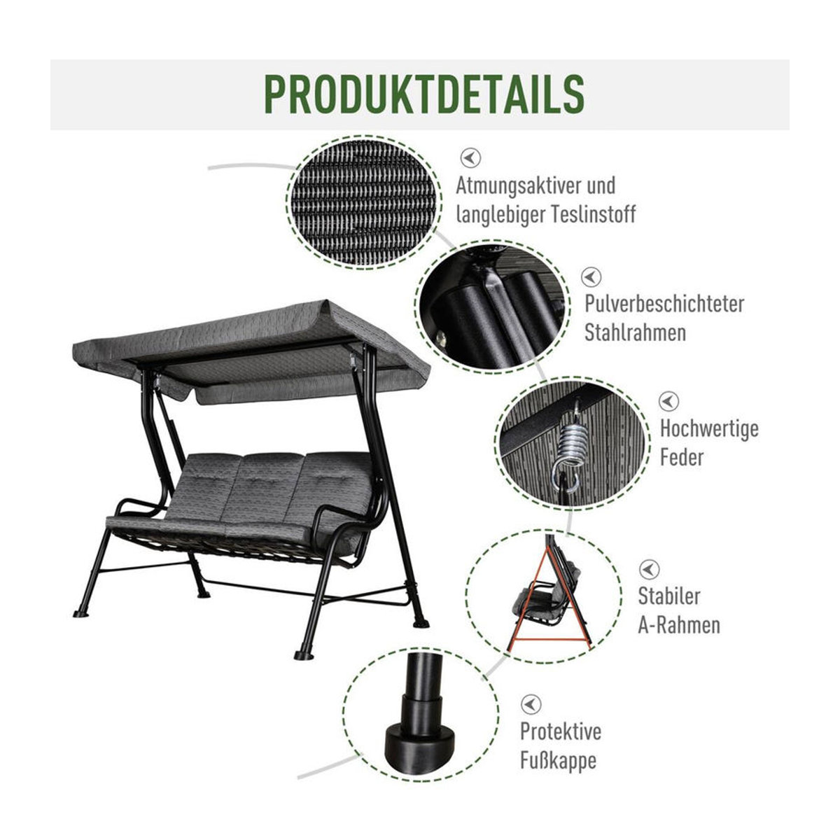 Outsunny Hollywoodschaukel 3-Sitzer in Schwarz und Grau mit Auflagen, B/H/T: 200 x 170 x 120 cm - Bild 3