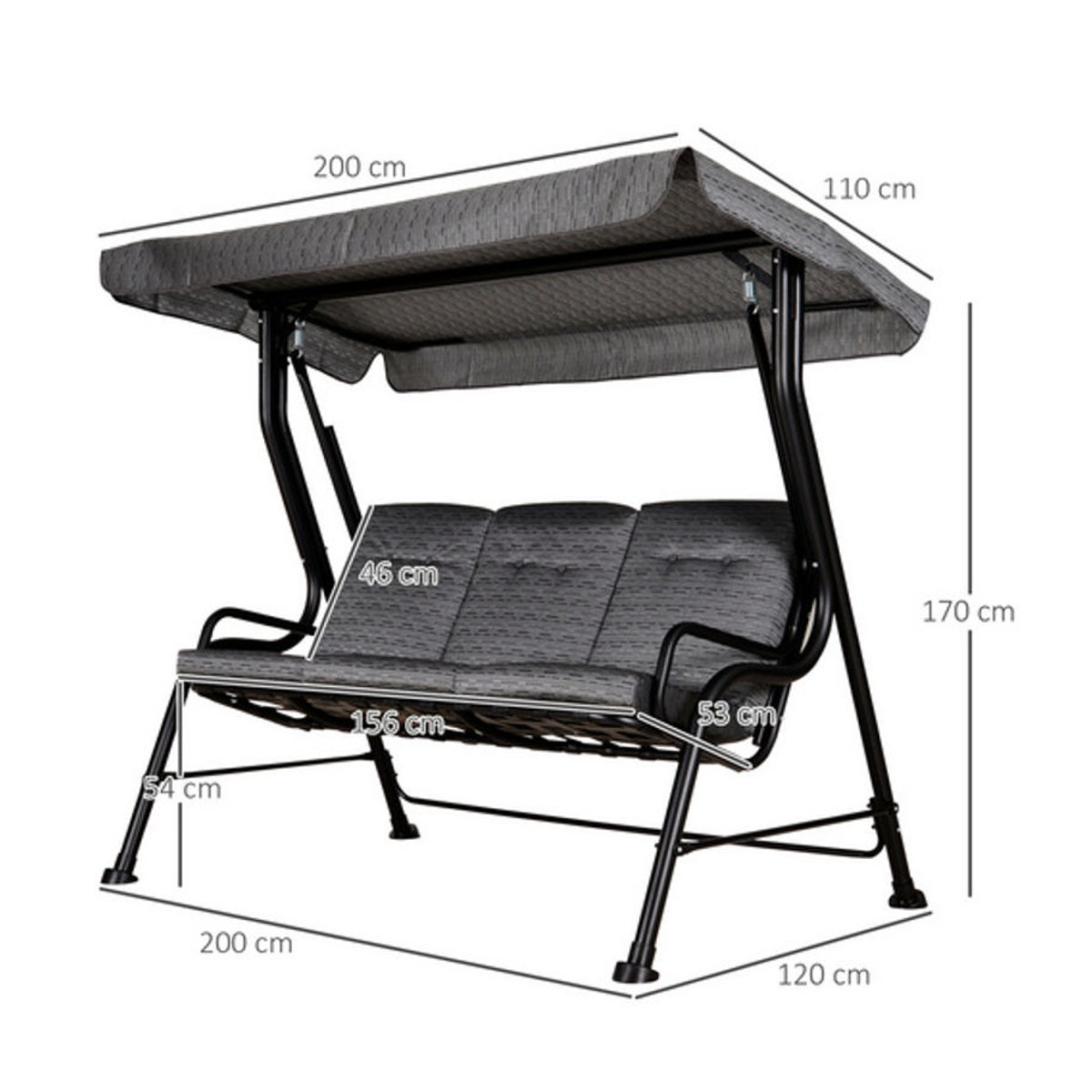 Outsunny Hollywoodschaukel 3-Sitzer in Schwarz und Grau mit Auflagen, B/H/T: 200 x 170 x 120 cm - Bild 5