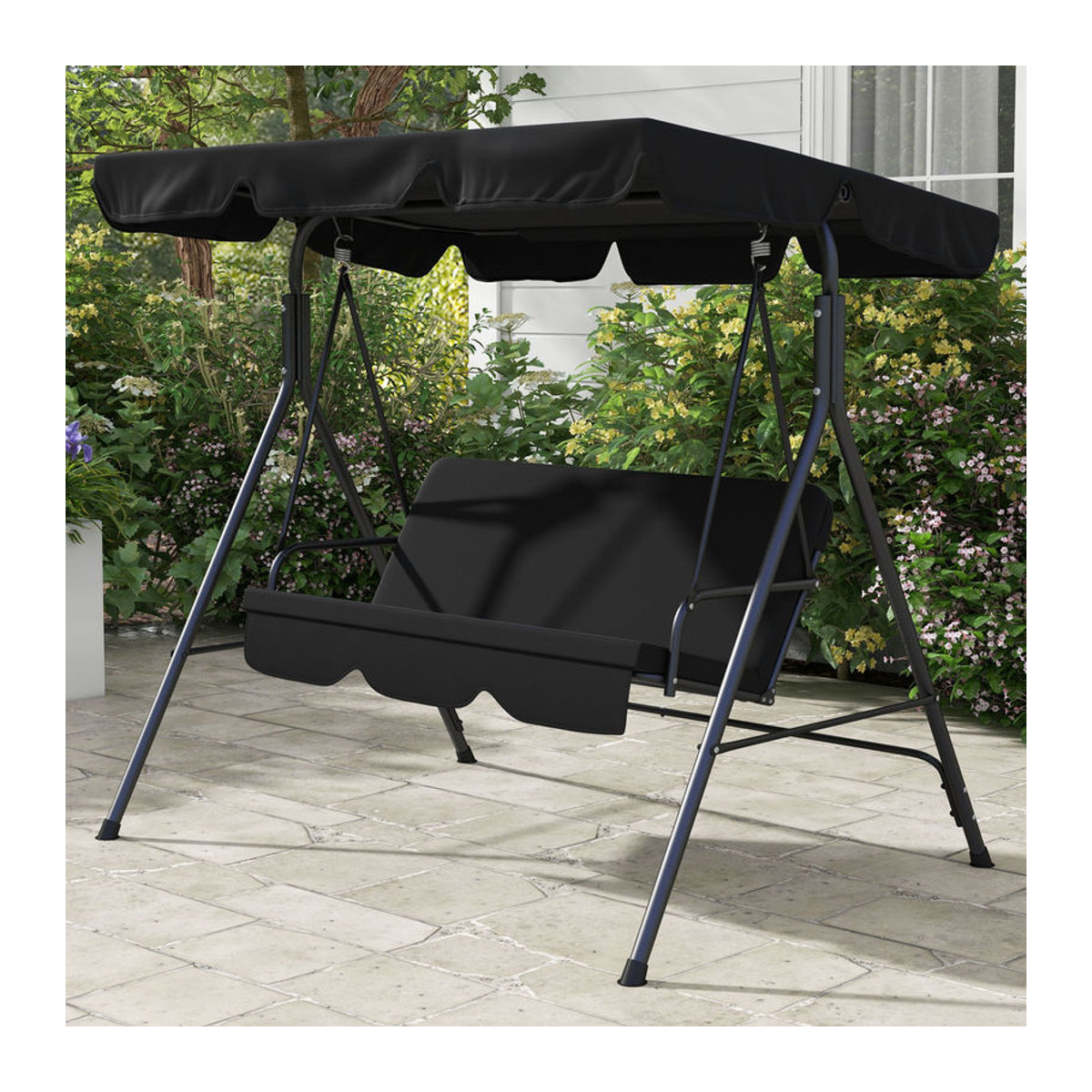 Outsunny Hollywoodschaukel 3-Sitzer mit verstellbarem Dach und stabiler Stahlkonstruktion, Schwarz, B/T/H: 172 x 110 x 153 cm - Bild 2