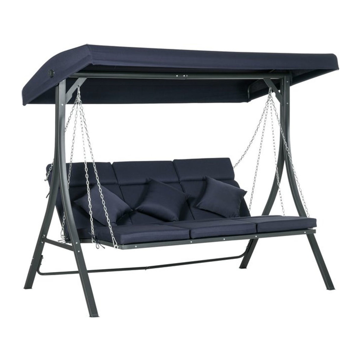 Outsunny Hollywoodschaukel 3-Sitzer mit verstellbarem Sonnendach und Kissen, Gartenschaukel aus Metall und Texteline in Blau oder Schwarz - Bild 1