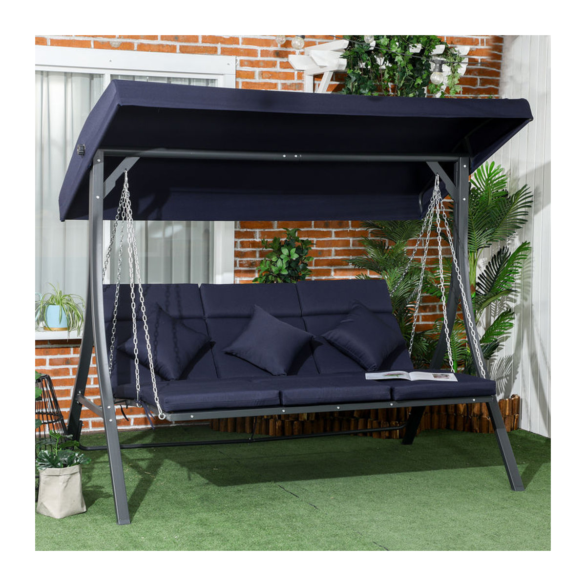 Outsunny Hollywoodschaukel 3-Sitzer mit verstellbarem Sonnendach und Kissen, Gartenschaukel aus Metall und Texteline in Blau oder Schwarz - Bild 2