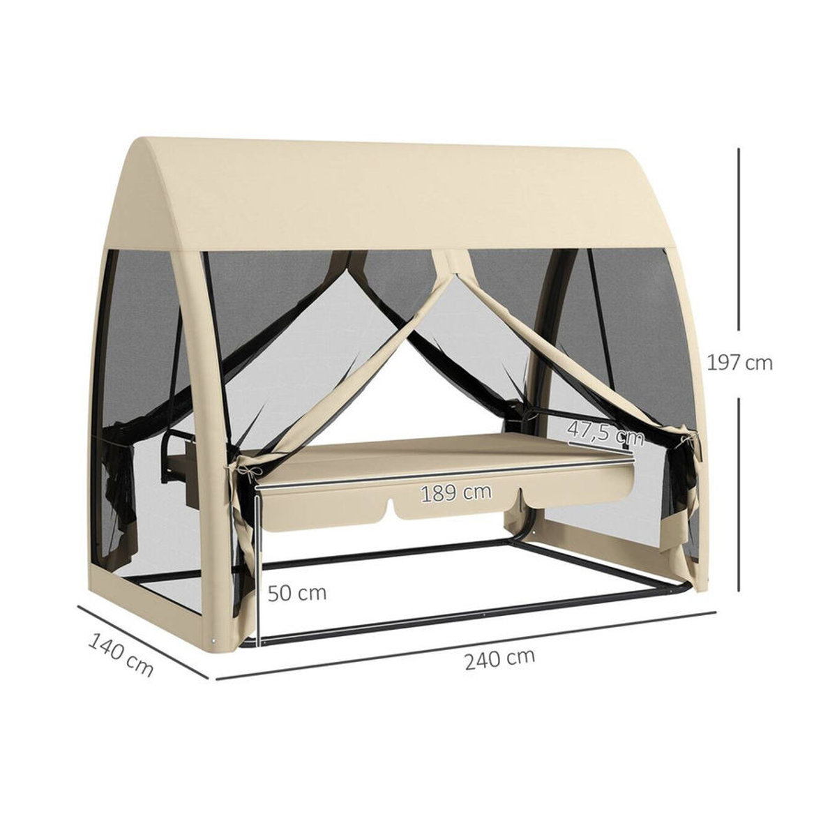 Outsunny Hollywoodschaukel aus Metall in Braun und Beige mit Polyester- und Mesh-Bezug, B/H/L: 140 x 197 x 240 cm - Bild 3