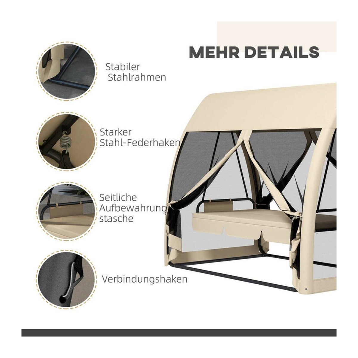 Outsunny Hollywoodschaukel aus Metall in Braun und Beige mit Polyester- und Mesh-Bezug, B/H/L: 140 x 197 x 240 cm - Bild 5