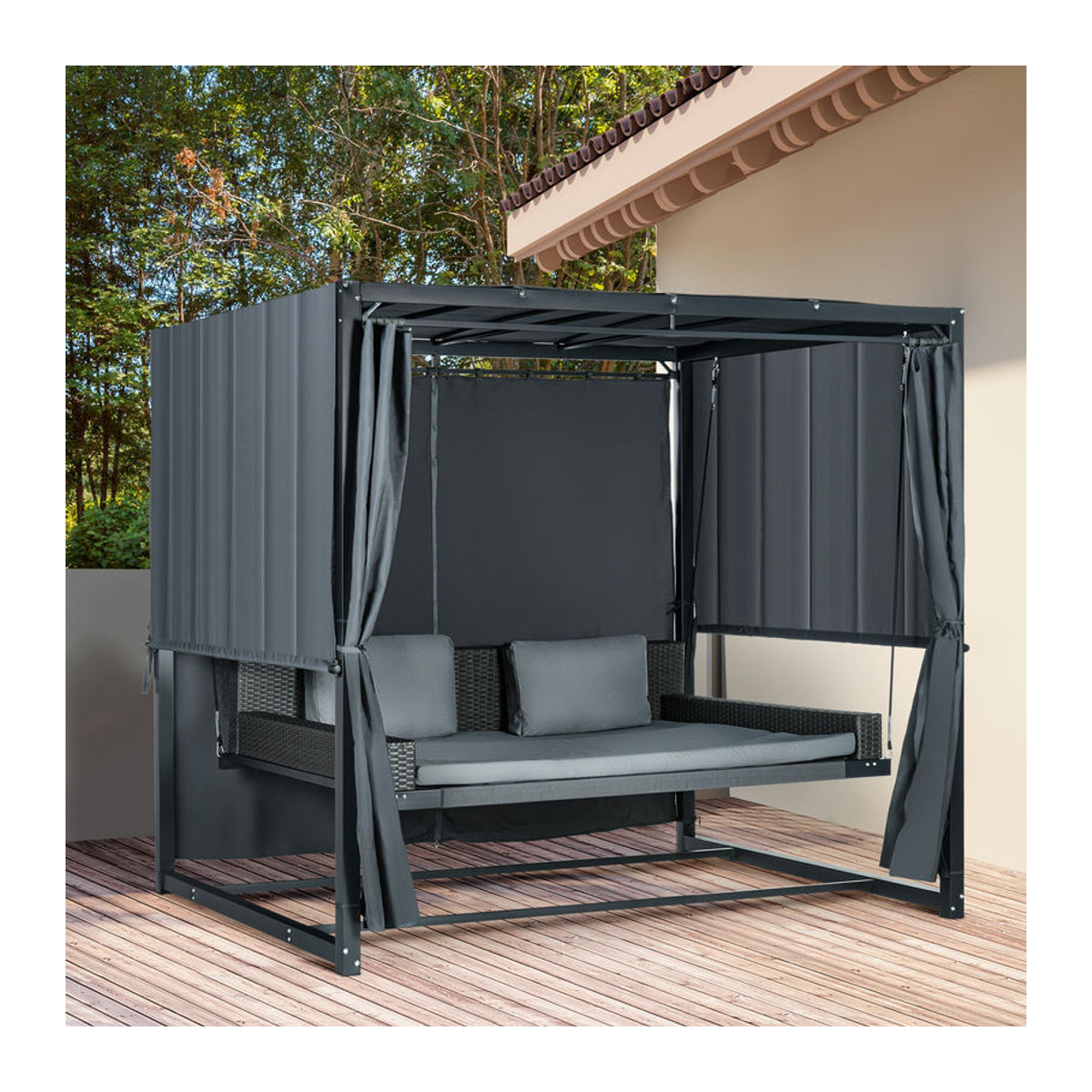 Outsunny Hollywoodschaukel mit Pergola in Anthrazit inklusive Kissen aus Polyrattan und Polyester, B/T/H: 235 x 180 x 210 cm - Bild 2