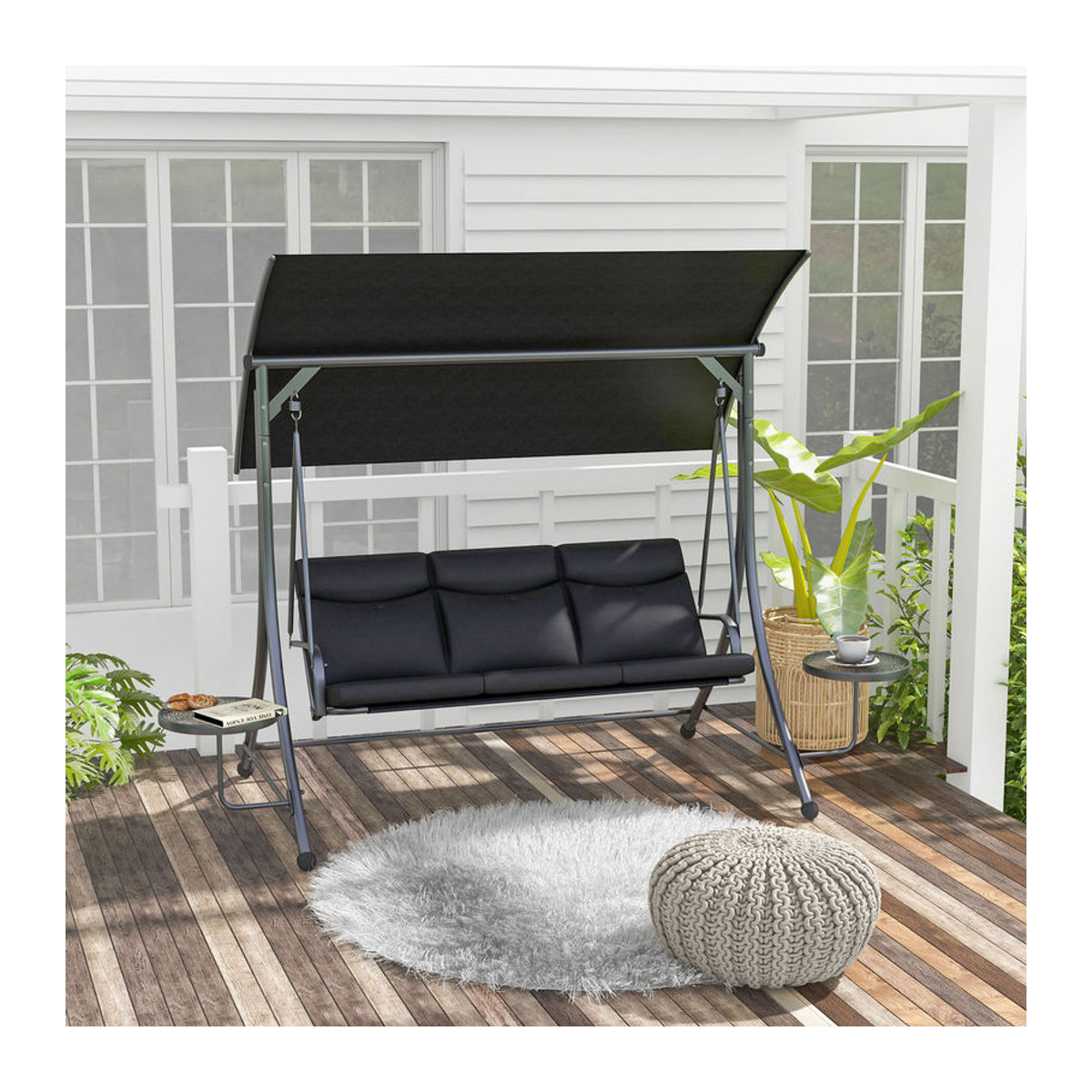 Outsunny Hollywoodschaukel Schwarz mit Sonnendach und Polsterung aus Polyester und Baumwolle, B/H/L: 135 x 177 x 278 cm - Bild 2