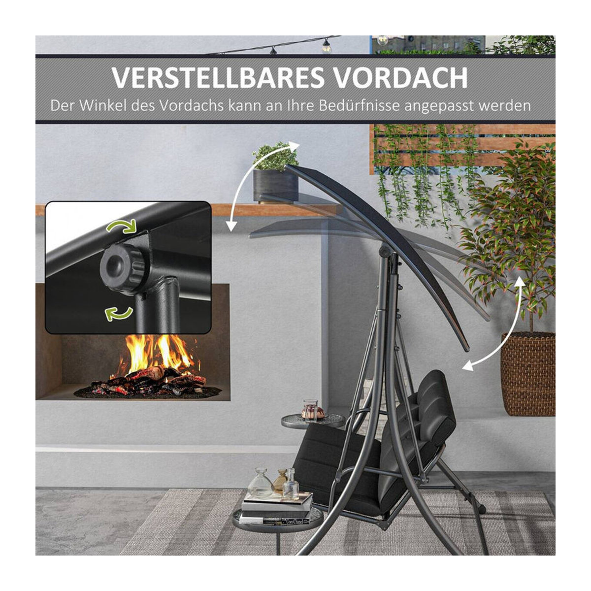 Outsunny Hollywoodschaukel Schwarz mit Sonnendach und Polsterung aus Polyester und Baumwolle, B/H/L: 135 x 177 x 278 cm - Bild 3