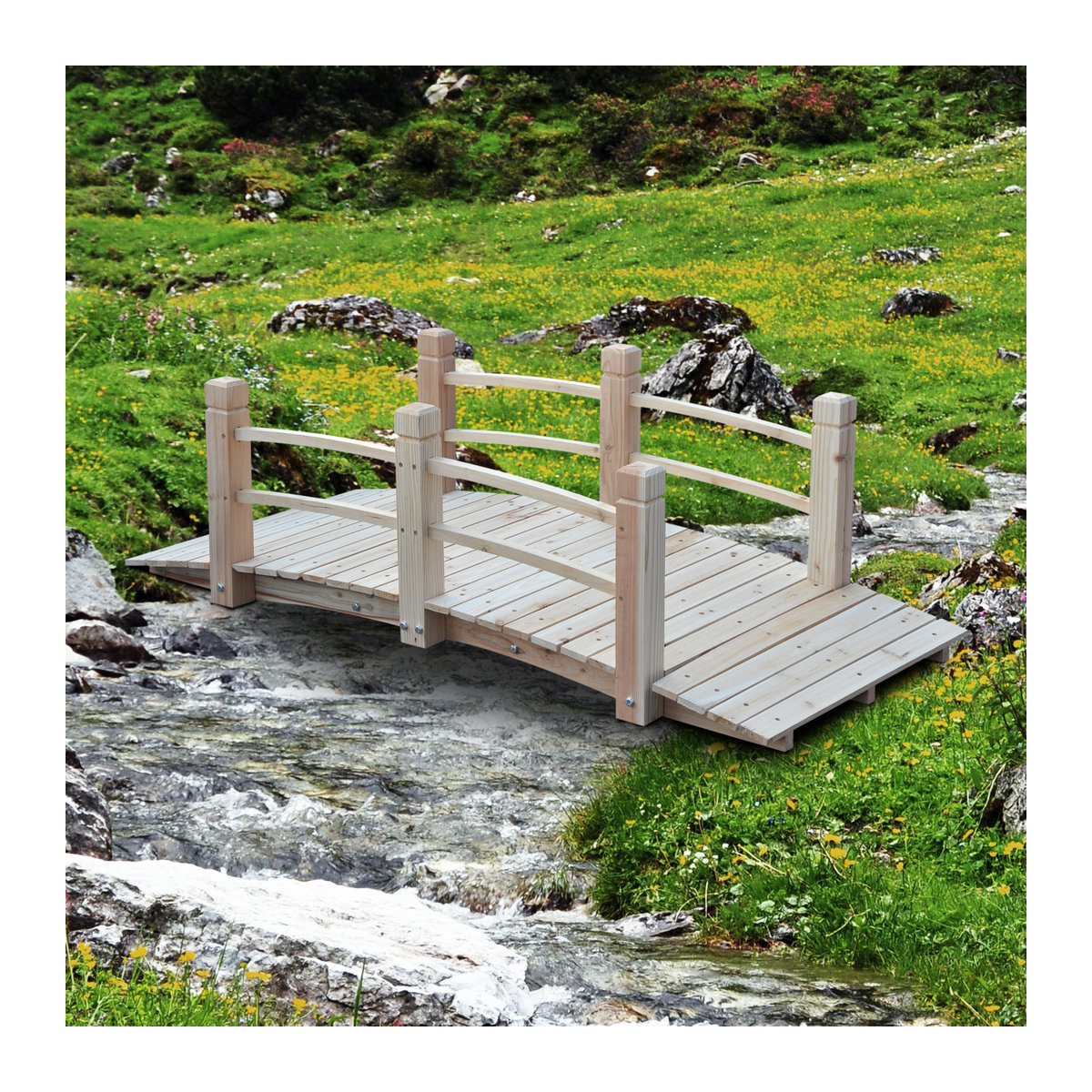 Outsunny Holzbrücke mit Geländer aus Tannenholz für Garten und Teich, Farbe Natur, B/H/L: 67 x 48 x 152,5 cm - Bild 2