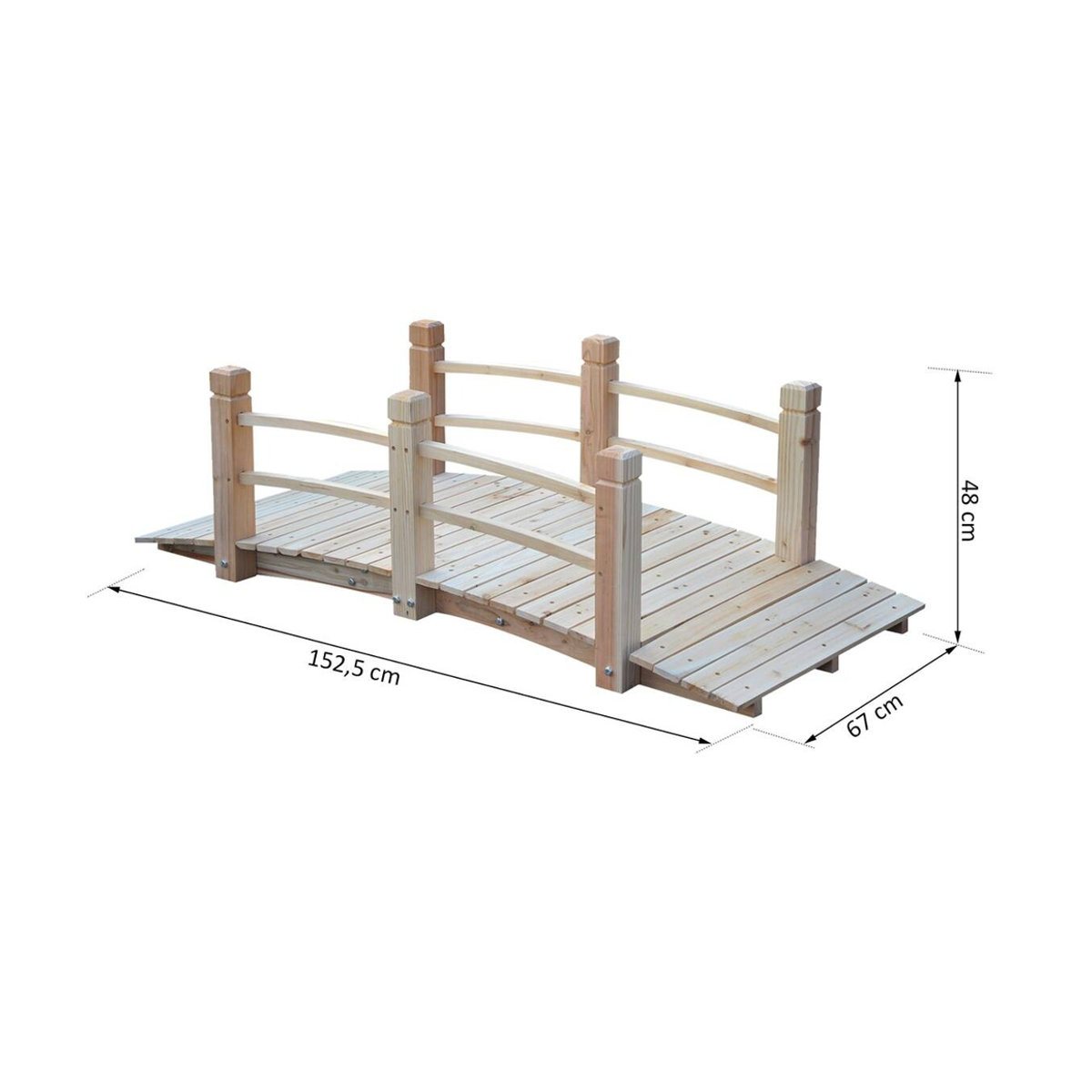 Outsunny Holzbrücke mit Geländer aus Tannenholz für Garten und Teich, Farbe Natur, B/H/L: 67 x 48 x 152,5 cm - Bild 4