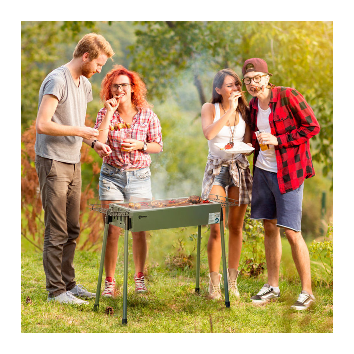 Outsunny Holzkohlegrill mit Grillrost und Seitenkörben aus Edelstahl und Metall, Grün, B/H/T: 30 x 70 x 77 cm - Bild 2