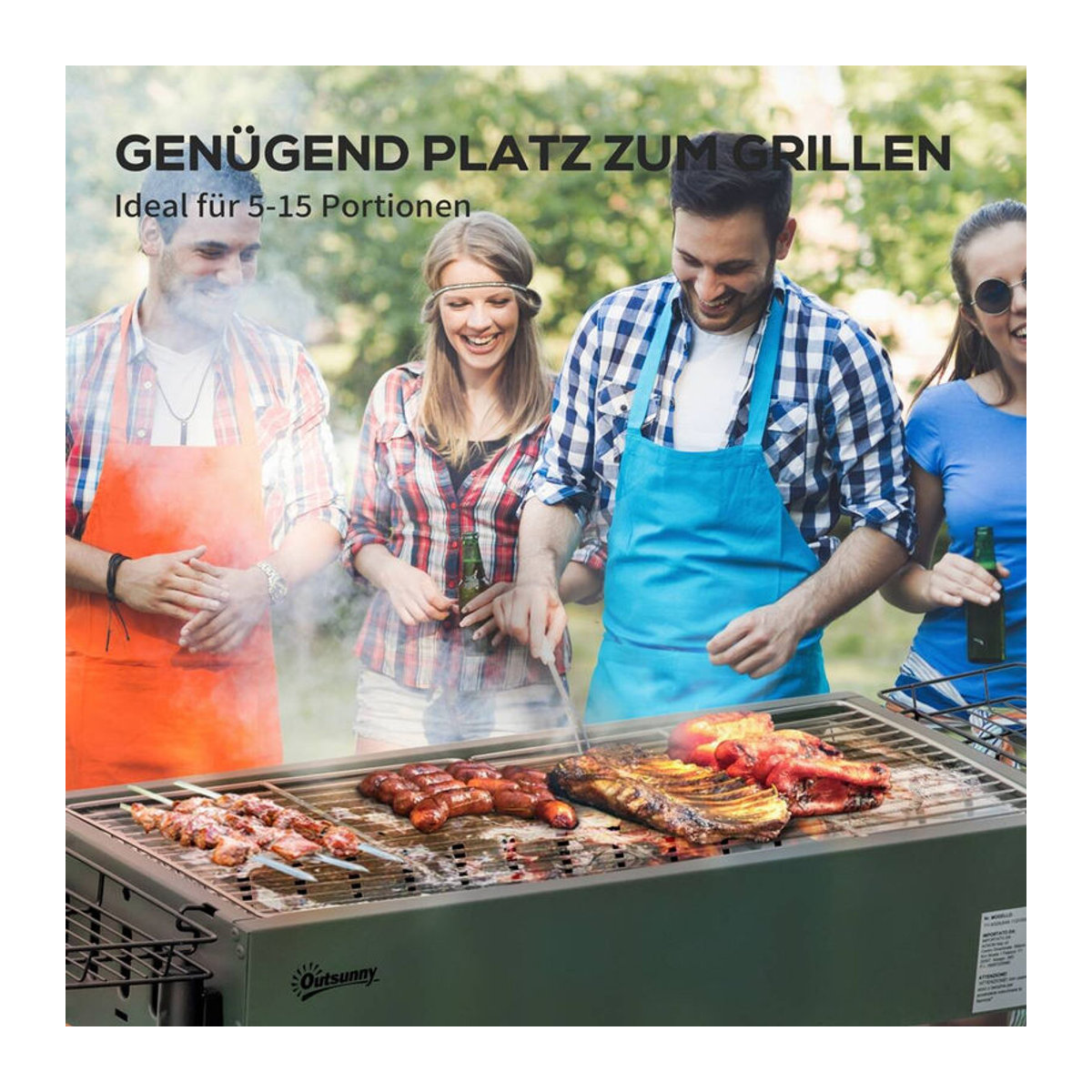 Outsunny Holzkohlegrill mit Grillrost und Seitenkörben aus Edelstahl und Metall, Grün, B/H/T: 30 x 70 x 77 cm - Bild 3