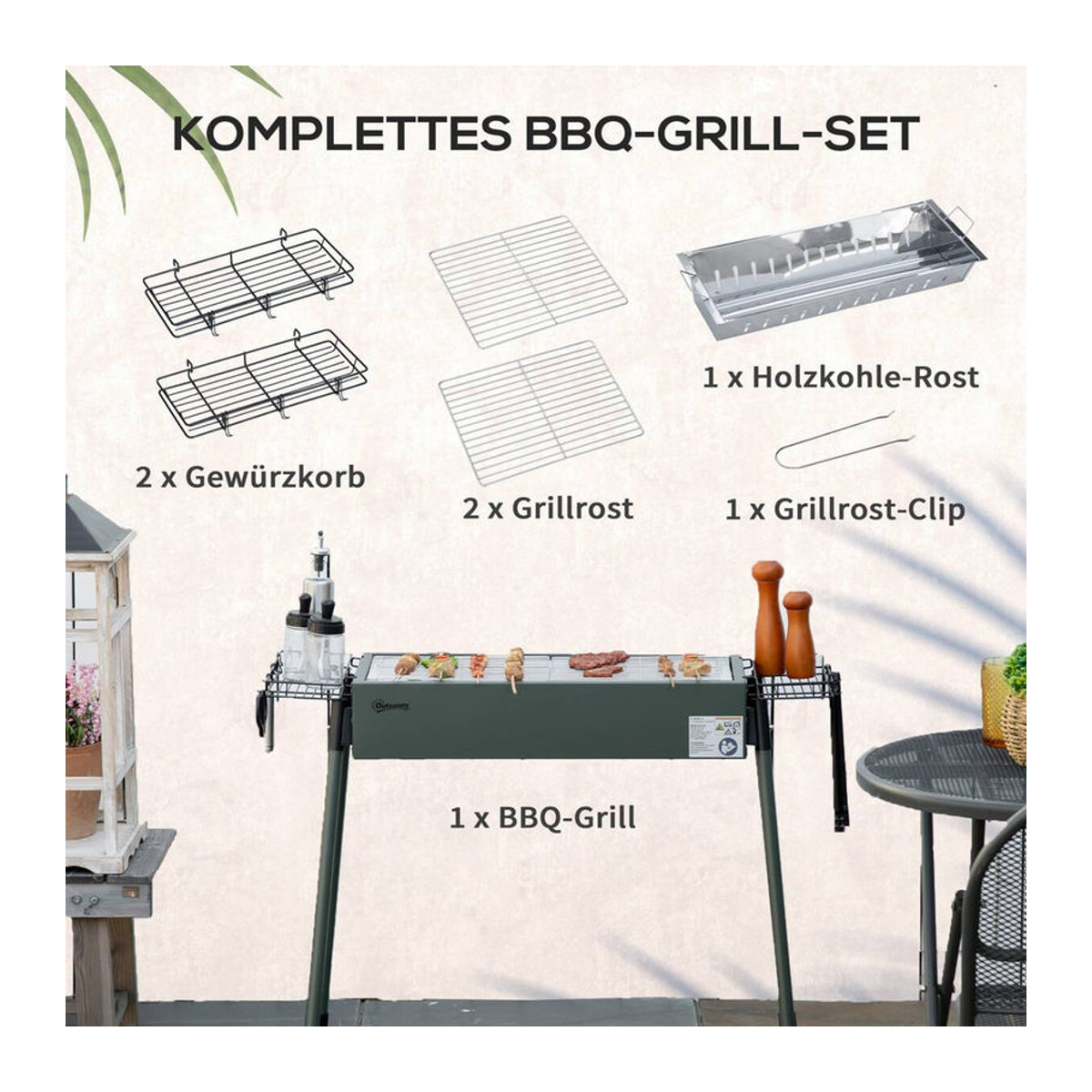 Outsunny Holzkohlegrill mit Grillrost und Seitenkörben aus Edelstahl und Metall, Grün, B/H/T: 30 x 70 x 77 cm - Bild 4