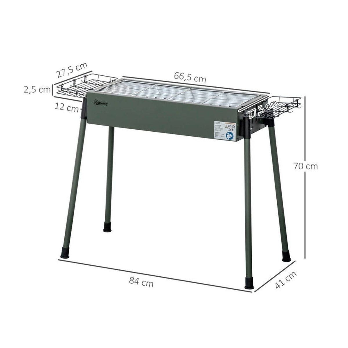Outsunny Holzkohlegrill mit Grillrost und Seitenkörben aus Edelstahl und Metall, Grün, B/H/T: 30 x 70 x 77 cm - Bild 5