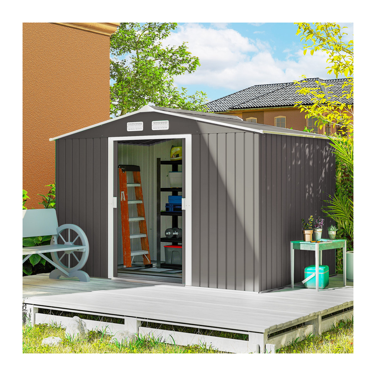 Outsunny Metall Gerätehaus Gartenhaus mit Fundament, wetterfest, Grau, B/T/H: 277 x 195 x 192 cm - Bild 2