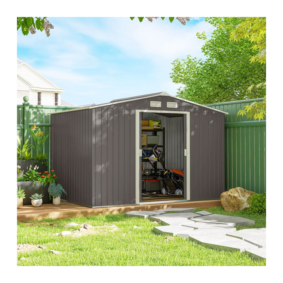 Outsunny Metall Gerätehaus Gartenhaus mit Fundament, wetterfest, Grau, B/T/H: 277 x 195 x 192 cm - Bild 3
