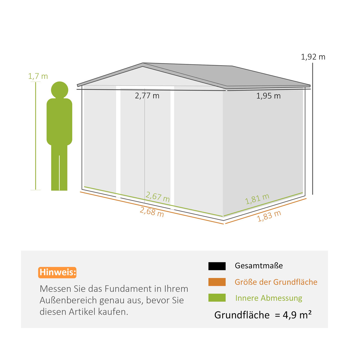 Outsunny Metall Gerätehaus Gartenhaus mit Fundament, wetterfest, Grau, B/T/H: 277 x 195 x 192 cm - Bild 5