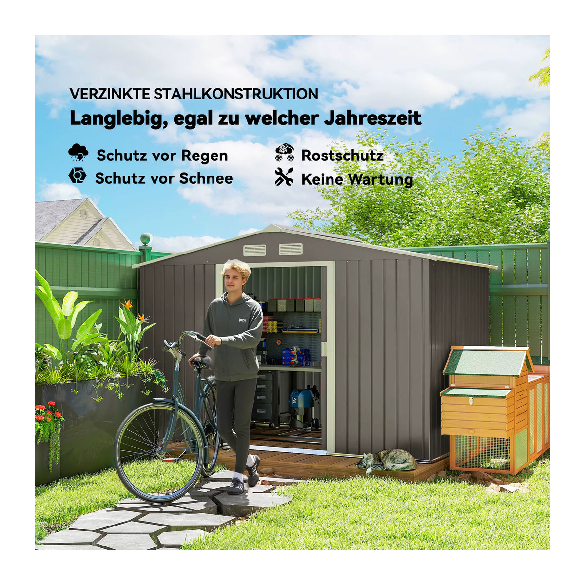 Outsunny Metall Gerätehaus Gartenhaus mit Fundament, wetterfest, Grau, B/T/H: 277 x 195 x 192 cm - Bild 6