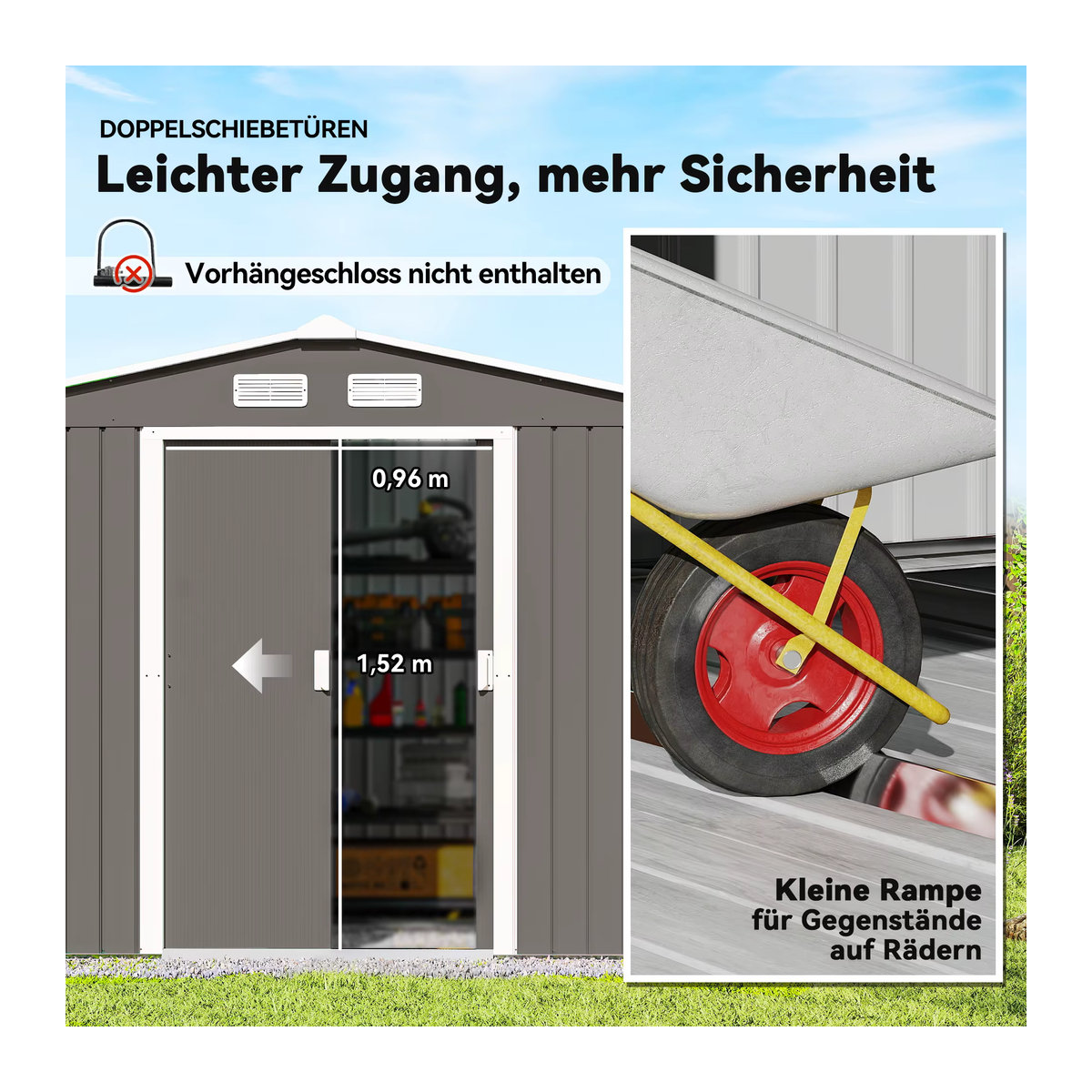 Outsunny Metall Gerätehaus Gartenhaus mit Fundament, wetterfest, Grau, B/T/H: 277 x 195 x 192 cm - Bild 7