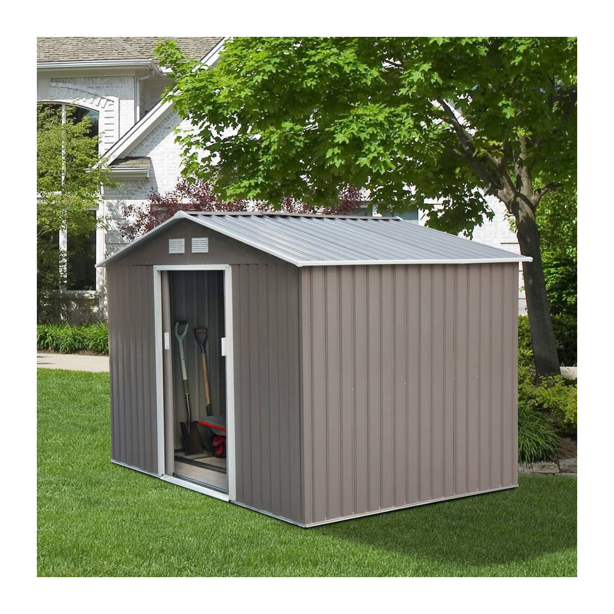 Outsunny Metall Gerätehaus Gartenhaus mit Fundament, wetterfest, Grau, B/T/H: 277 x 195 x 192 cm - Bild 8
