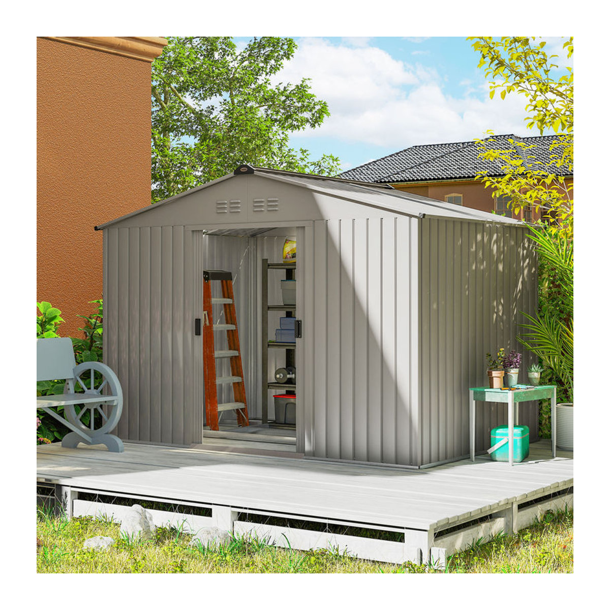 Outsunny Metall Gerätehaus mit Satteldach und Schiebetür in Grau, B/T/H: 277 x 195 x 192 cm - Bild 2