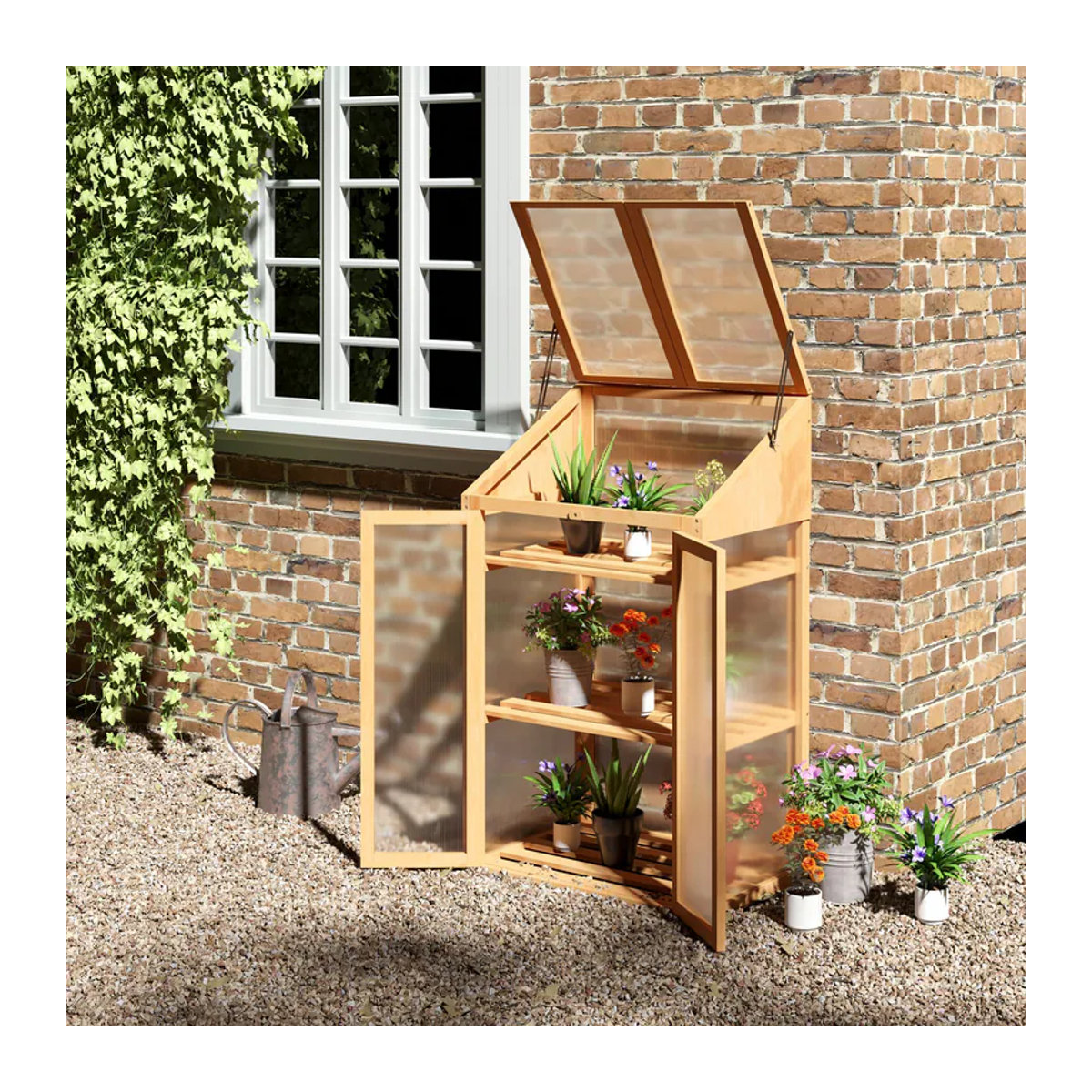 Outsunny Mini Gewächshaus aus Holz mit Polycarbonat-Abdeckung und 3 Regalen, Braun/Natur, B/T/H: 70 x 50 x 120 cm - Bild 2