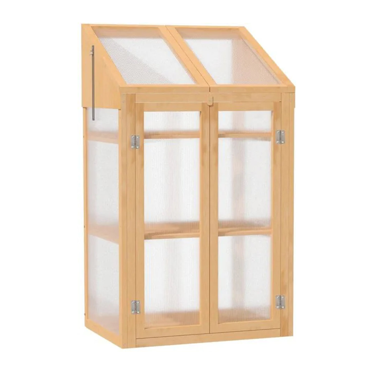 Outsunny Mini Gewächshaus aus Holz mit Polycarbonat-Abdeckung und 3 Regalen, Braun/Natur, B/T/H: 70 x 50 x 120 cm - Bild 3