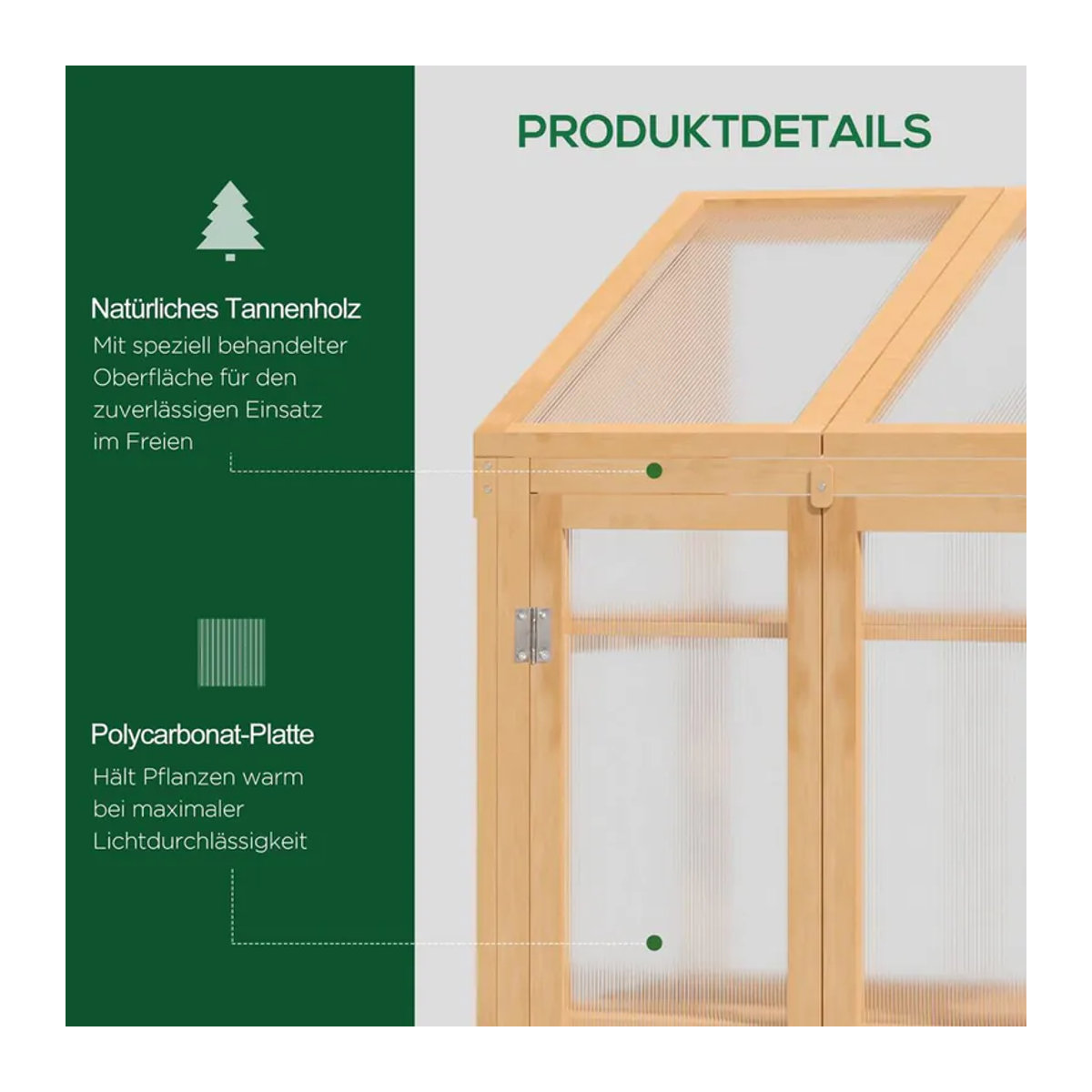 Outsunny Mini Gewächshaus aus Holz mit Polycarbonat-Abdeckung und 3 Regalen, Braun/Natur, B/T/H: 70 x 50 x 120 cm - Bild 5