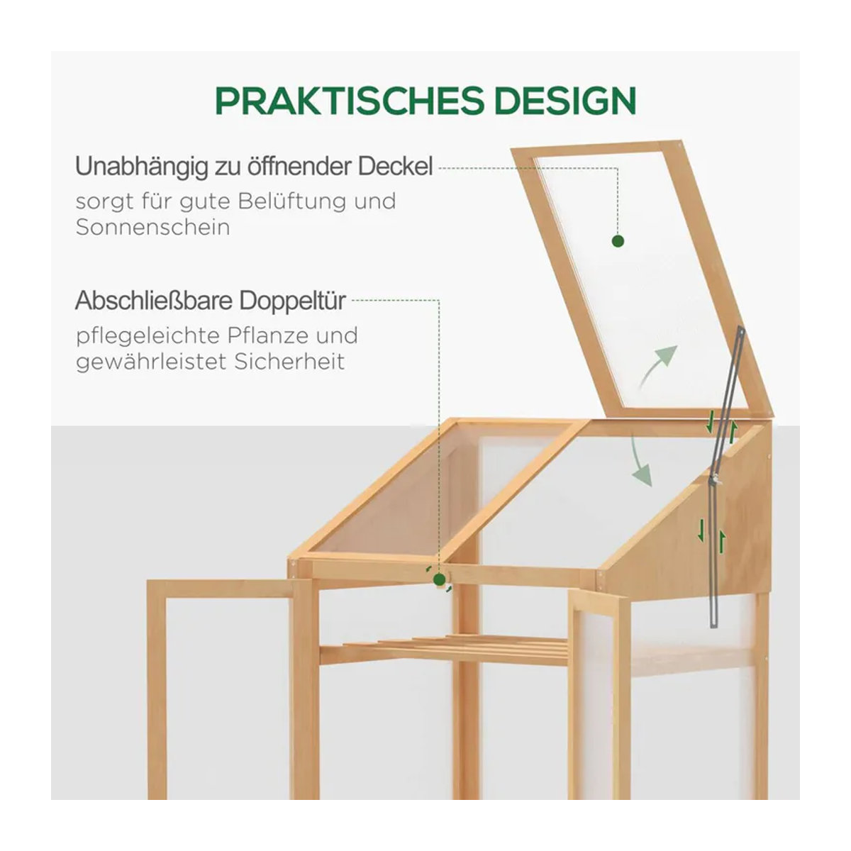 Outsunny Mini Gewächshaus aus Holz mit Polycarbonat-Abdeckung und 3 Regalen, Braun/Natur, B/T/H: 70 x 50 x 120 cm - Bild 6