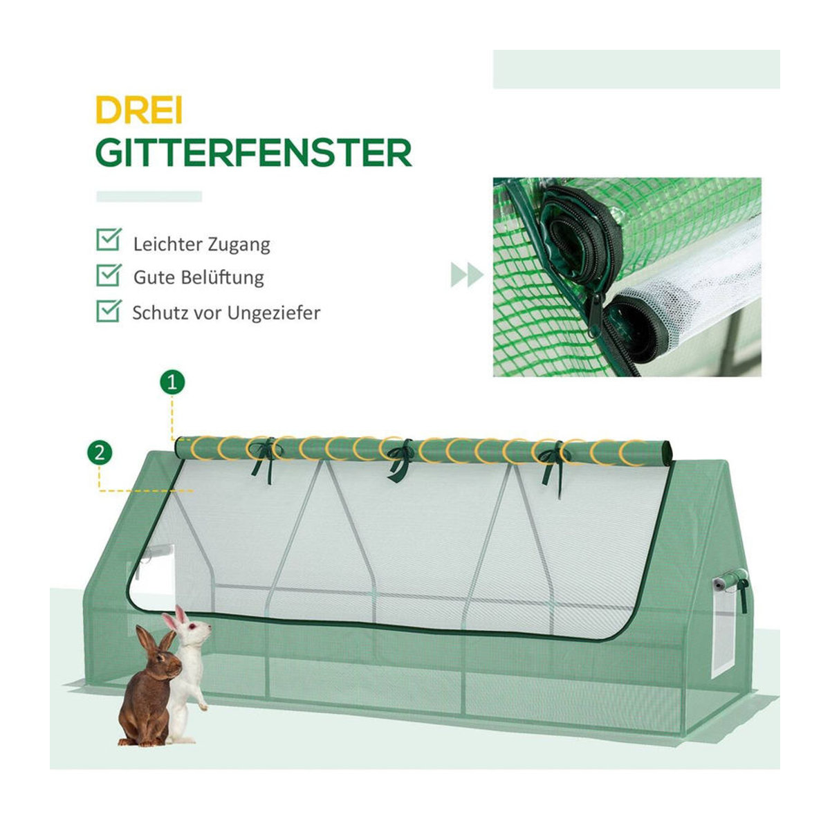 Outsunny Mini Gewächshaus aus Stahl mit UV-beständiger PE-Folie und Mesh-Fenster in Grün, B/T/H: 240 x 90 x 90 cm - Bild 4