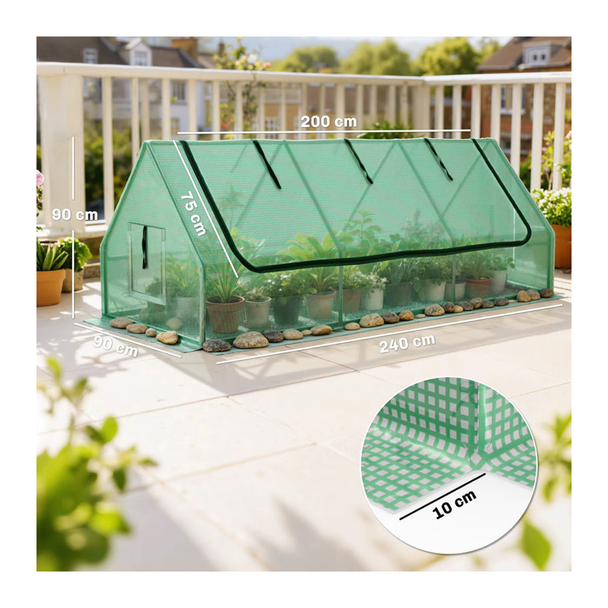 Outsunny Mini Gewächshaus aus Stahl mit UV-beständiger PE-Folie und Mesh-Fenster in Grün, B/T/H: 240 x 90 x 90 cm - Bild 6