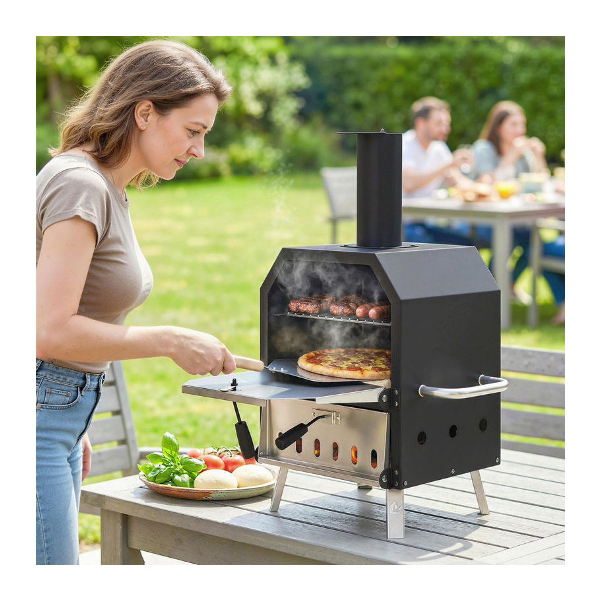 Outsunny Outdoor Pizzaofen aus Edelstahl mit 2 Ebenen und Pizzastein, holzbefeuerter tragbarer Pizzaofen für Garten und Camping, Marke Aosom - Bild 2