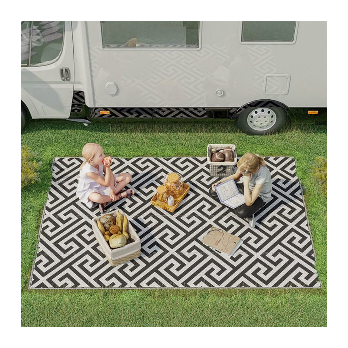 Outsunny Outdoor Teppich aus Polypropylen in Schwarz/Weiß mit geometrischem Design, rechteckig, B: 243 cm, T: 152 cm, H: 1,2 cm - Bild 1