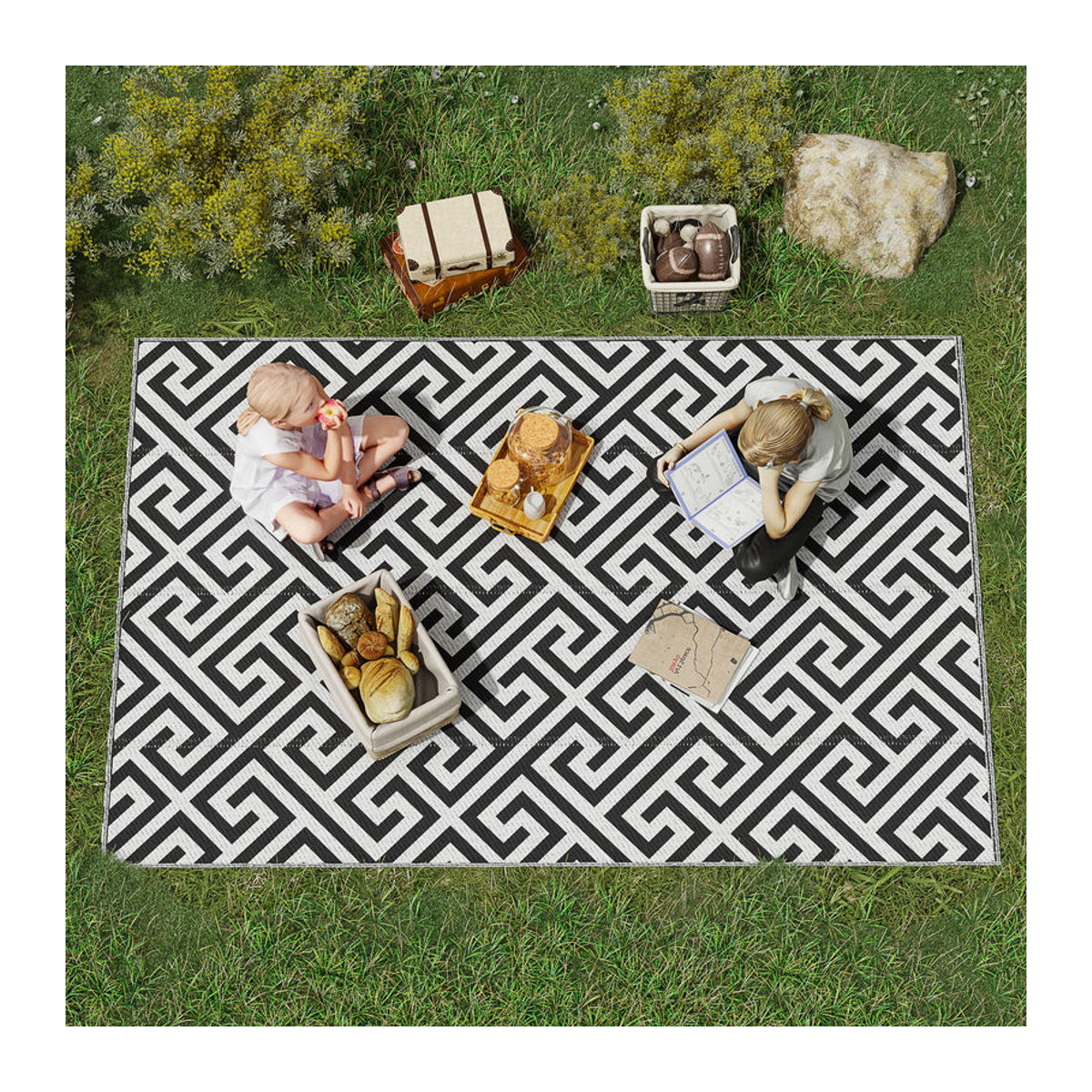Outsunny Outdoor Teppich aus Polypropylen in Schwarz/Weiß mit geometrischem Design, rechteckig, B: 243 cm, T: 152 cm, H: 1,2 cm - Bild 2