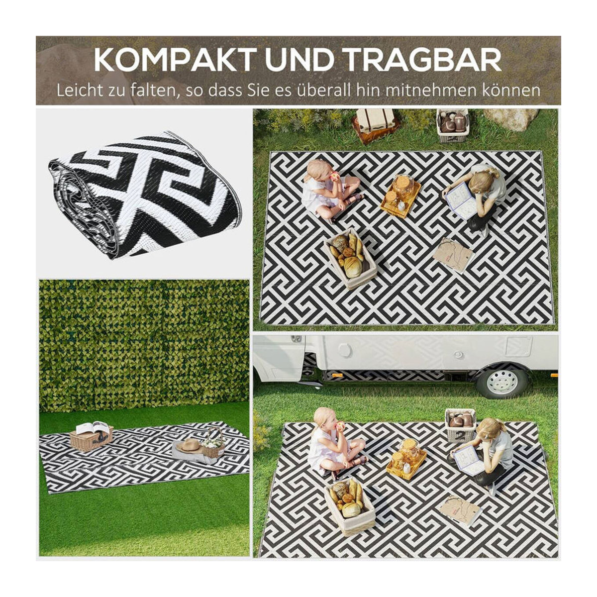Outsunny Outdoor Teppich aus Polypropylen in Schwarz/Weiß mit geometrischem Design, rechteckig, B: 243 cm, T: 152 cm, H: 1,2 cm - Bild 4