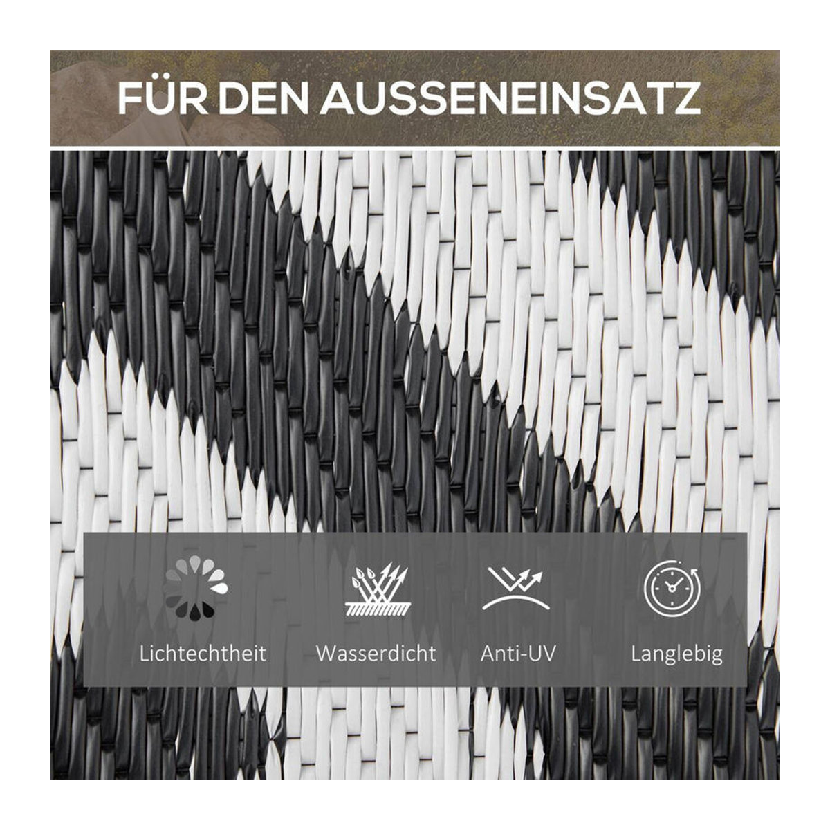Outsunny Outdoor Teppich aus Polypropylen in Schwarz/Weiß mit geometrischem Design, rechteckig, B: 243 cm, T: 152 cm, H: 1,2 cm - Bild 5