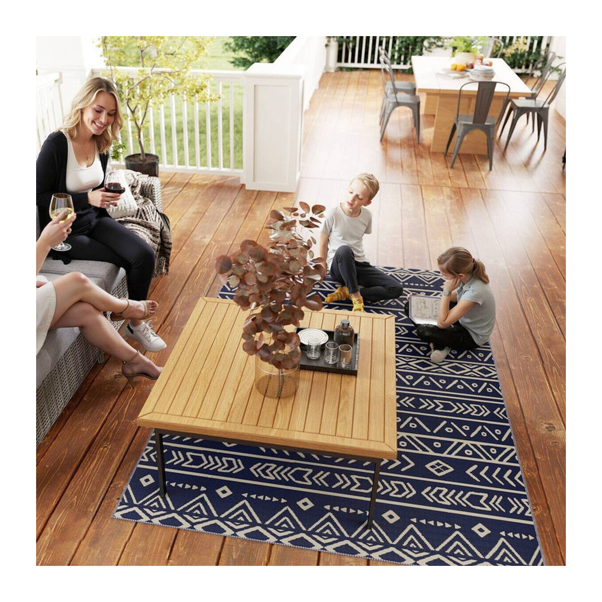 Outsunny Outdoor-Teppich in Blau Weiß Bunt mit geometrischem Boho-Design aus Polypropylen, B/H/T: 274 x 182 x 1,6 cm - Bild 2
