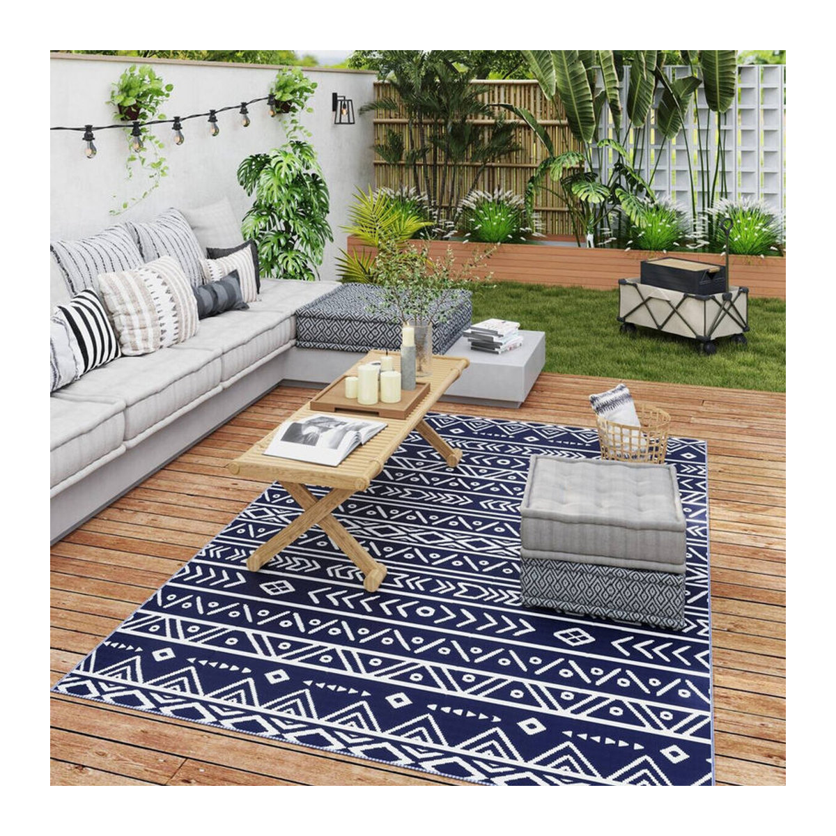 Outsunny Outdoor-Teppich in Blau Weiß Bunt mit geometrischem Boho-Design aus Polypropylen, B/H/T: 274 x 182 x 1,6 cm - Bild 3