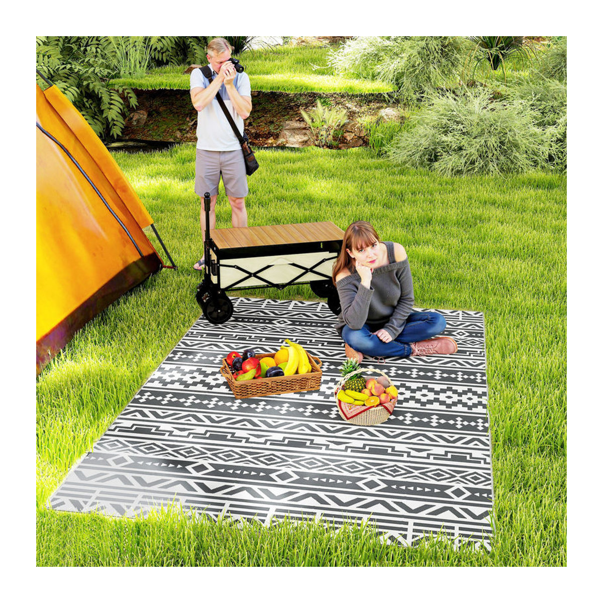 Outsunny Outdoor Teppich mit geometrischem Design aus Polypropylen, Rechteckig, B/L: 182 x 274 cm, Anthrazit/Weiß/Schwarz/Weiß - Bild 2
