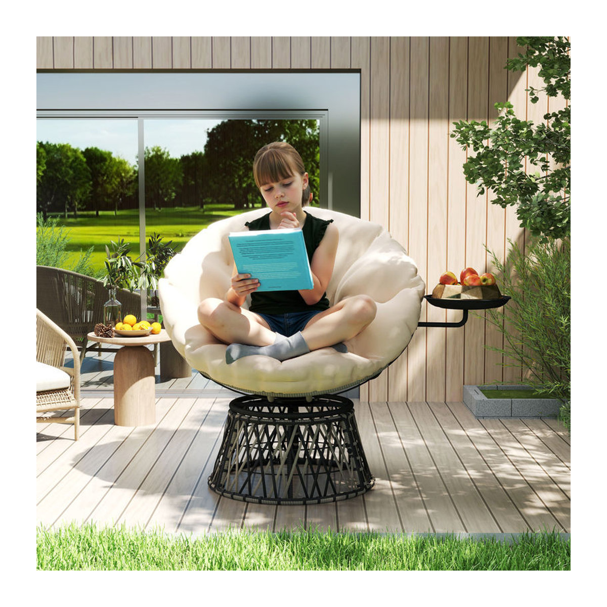 Outsunny Papasansessel aus Rattan in Beige mit Kissen, 360 Grad drehbar, B/H/L: 76 x 118 x 88 cm - Bild 2