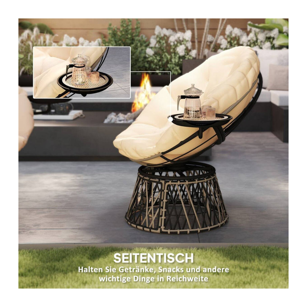 Outsunny Papasansessel aus Rattan in Beige mit Kissen, 360 Grad drehbar, B/H/L: 76 x 118 x 88 cm - Bild 5