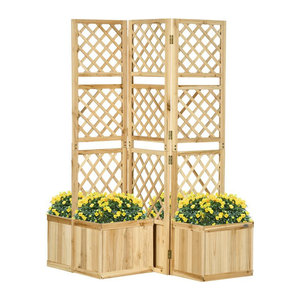 Outsunny Paravent aus Holz mit 4 Blumenkästen als Sichtschutz und Hochbeet in Naturfarbe, B/H: 133 x 165 cm