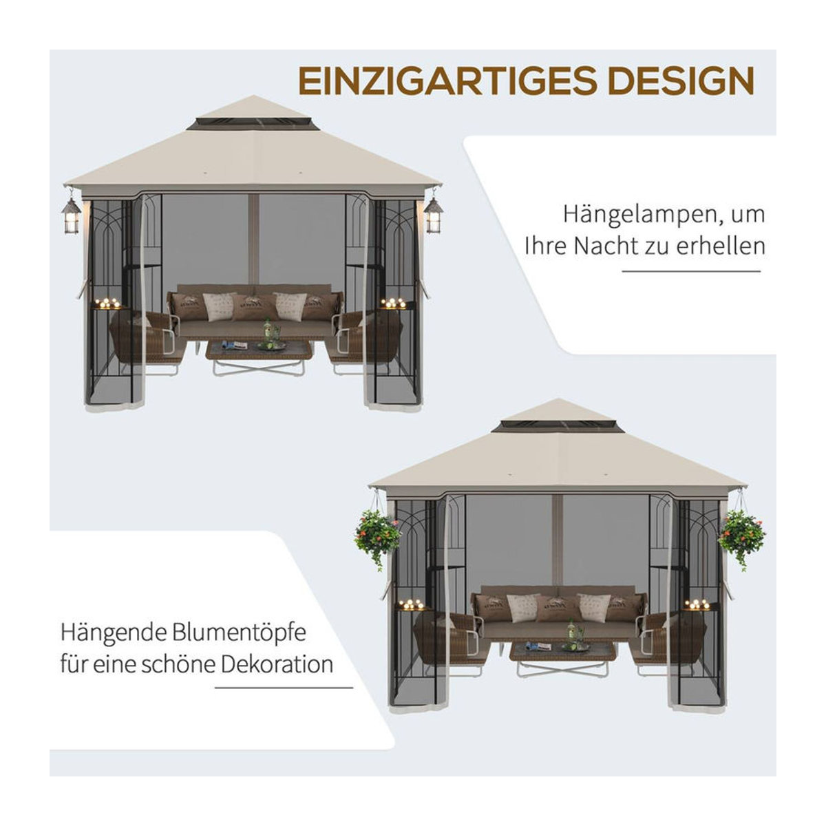 Outsunny Pavillon mit Doppeldach in Beige aus Metall, Mesh und Polyester, B/H/L: 299 x 274 x 299 cm - Bild 1