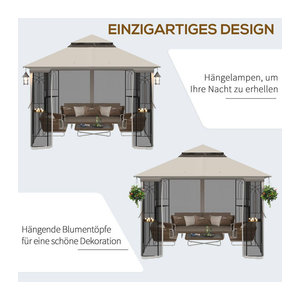 Outsunny Pavillon mit Doppeldach in Beige aus Metall, Mesh und Polyester, B/H/L: 299 x 274 x 299 cm