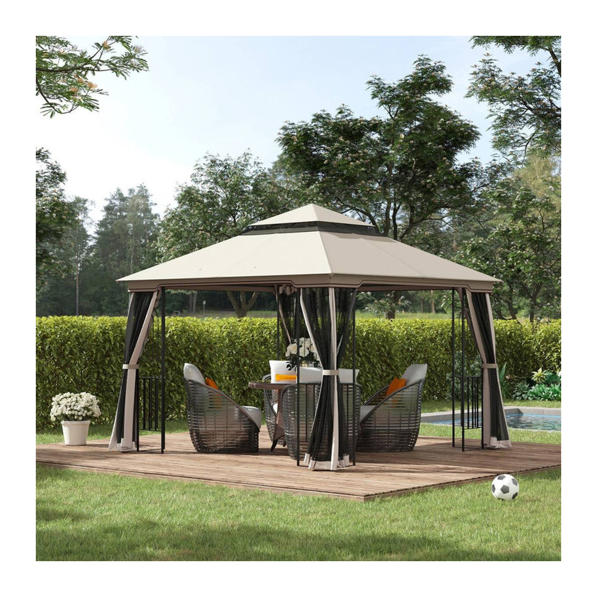 Outsunny Pavillon mit Doppeldach in Beige aus Metall, Mesh und Polyester, B/H/L: 299 x 274 x 299 cm - Bild 2