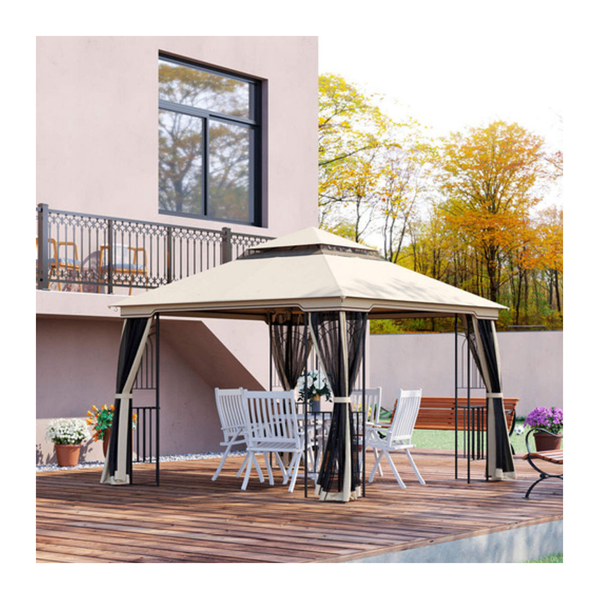 Outsunny Pavillon mit Doppeldach in Beige aus Metall, Mesh und Polyester, B/H/L: 299 x 274 x 299 cm - Bild 4