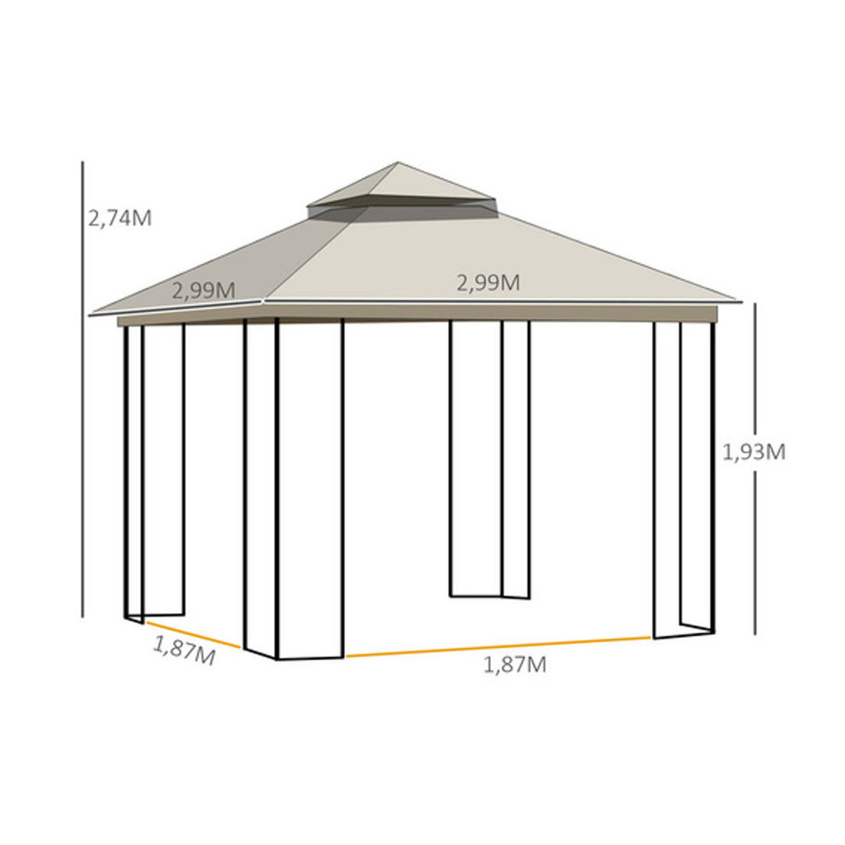 Outsunny Pavillon mit Doppeldach in Beige aus Metall, Mesh und Polyester, B/H/L: 299 x 274 x 299 cm - Bild 5