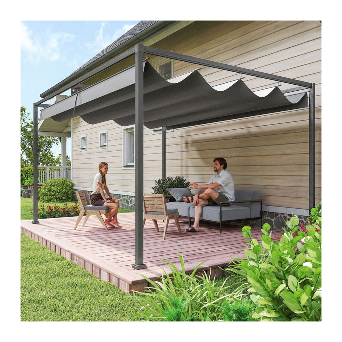 Outsunny Pergola Gartenpavillon aus Stahl mit verstellbarem Dach in Anthrazit, B/H/L: 300 x 222 x 400 cm - Bild 2