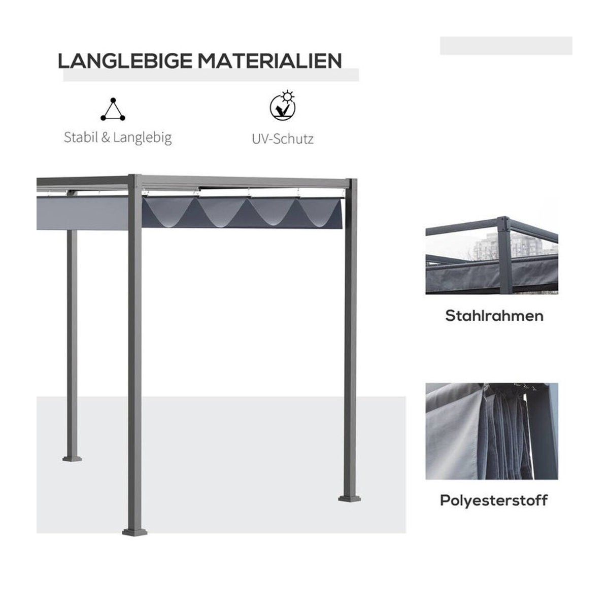 Outsunny Pergola Gartenpavillon aus Stahl mit verstellbarem Dach in Anthrazit, B/H/L: 300 x 222 x 400 cm - Bild 5